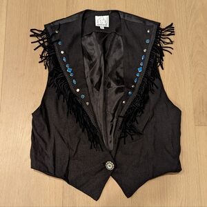 Vintage Black Fringe Vest with Blue Accents
